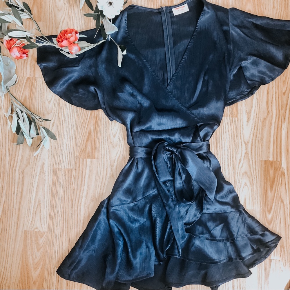 Showpo Navy Wrap Flutter Sleeve Dress US 6
